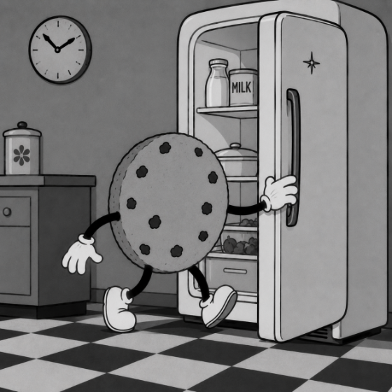 A black-and-white cartoon of a chocolate-chip cookie character opening a retro fridge